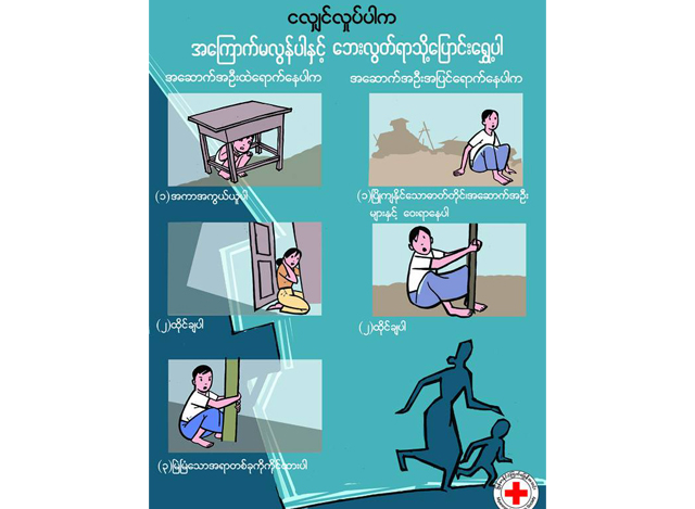 ငလ်င္ပညာေပး ပိုစတာတစ္ခုအား ေတြ႔ရစဥ္ (ဓာတ္ပုံ- Myanmar Red Cross Society )