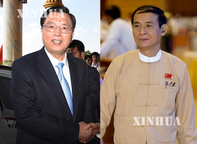 ပြည်သူ့လွှတ်တော် ဥက္ကဋ္ဌ ဦးဝင်းမြင့် နှင့် တရုတ်ပြည်သူ့သမ္မတ နိုင်ငံ အမျိုးသားပြည်သူ့ကွန်ဂရက်၊ အမြဲတမ်း ကော်မတီ ဥက္ကဋ္ဌ မစ္စတာ ကျန်းဒေကျန်းတို့အား တွေ့ရစဉ် (ဆင်ဟွာ)