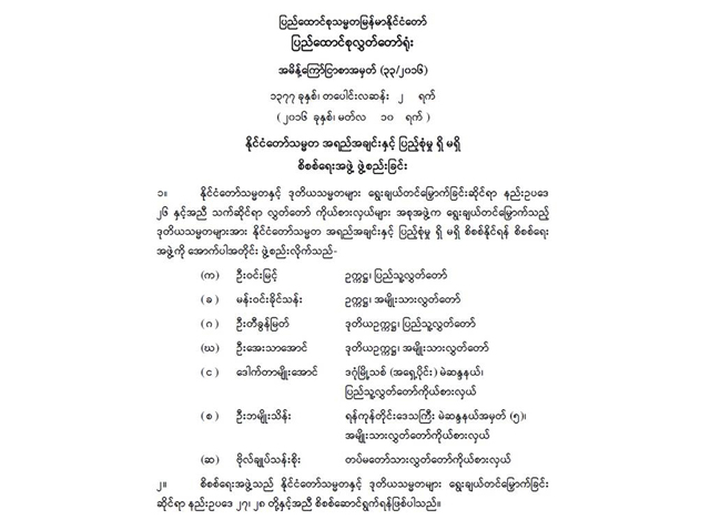 နိုင်ငံတော် သမ္မတ အရည်အချင်းနှင့် ပြည်စုံမှု ရှိ/မရှိ စိစစ်နိုင်ရန် စိစစ်ရေး အဖွဲ့ ဖွဲ့စည်းခြင်း ကြေညာချက် (ဓာတ်ပုံ- Myanmar Union Parliament)