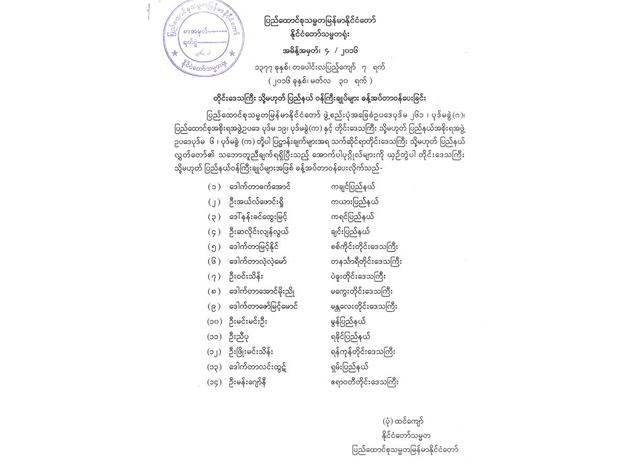 တိုင်းဒေသကြီး သို့မဟုတ် ပြည်နယ် ဝန်ကြီးချုပ်များအား ခန့်အပ် တာဝန်ပေးကြောင်း အမိန့်ထုတ်ပြန်ချက် အားတွေ့ရစဉ် (ဓာတ်ပုံ-Myanmar President Office)