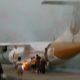 Golden Myanmar Airlines မှ လေယာဉ် တစ်စီး ရန်ကုန် လေဆိပ်၌ လေယာဉ်ဘီး မတော်တဆ ပေါက်မှု ဖြစ်ပွားစဉ် (ဓာတ်ပုံ-ကျော်စွာမင်း)