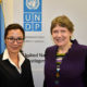 မင်းသမီး မီရှဲလ်ယိုနှင့် UNDP အုပ်ချုပ်ရေးမှူး ဟဲလ်လန် ကလက် (Helen Clark) တို့အား တွေ့ရစဉ် (ဓာတ်ပုံ- UNDP)