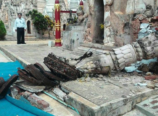 လေပြင်း တိုက်ခတ်မှုကြောင့် ပျက်စီးသွားသော ဘုရား စေတီများအား တွေ့ရစဉ် (ဓာတ်ပုံ-သာသနာရေး နှင့် ယဉ်ကျေးမှု ဝန်ကြီးဌာန)
