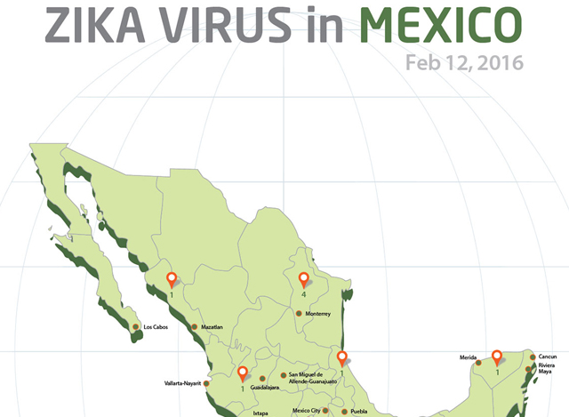 မက္ကဆီကို နိုင်ငံအတွင်း ဇီကာဗိုင်းရပ်စ်ပိုး ကူးစက်ပျံ့နှံ့နေပုံကို ဖော်ပြထားသည့် သရုပ်ပြပုံ ( ဓာတ်ပုံ - အင်တာနက် )