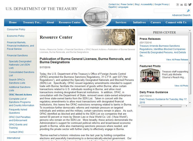အမေရိကန်က မြန်မာနိုင်ငံ၏ နိုင်ငံပိုင် စီးပွားရေး လုပ်ငန်းများနှင့် ဘဏ်အချို့အား အရေးယူပိတ်ဆို့မှု ဖယ်ရှားကြောင်း ထုတ်ပြန်ချက်အား တွေ့ရစဉ် (ဓာတ်ပုံ-U.S DEPARTMENT OF THE TREASURY)