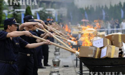 တရုတ်နိုင်ငံ၌ ဖမ်းဆီးရမိထားသော မူးယစ်ဆေးဝါးများကို မီးရှို့ဖျက်ဆီးနေစဉ်(ဆင်ဟွာ)