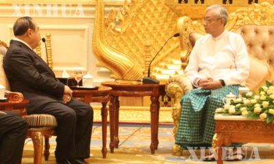 နိုင်ငံတော်သမ္မတ ဦးထင်ကျော်က ထိုင်းနိုင်ငံ ဒုတိယ ဝန်ကြီးချုပ် နှင့် ကာကွယ်ရေးဝန်ကြီး ဗိုလ်ချုပ်ကြီးပရာဝစ်(တ်) ဝုန်ဆူဝန် ဦးဆောင်သည့် ကိုယ်စားလှယ်အဖွဲ့အား လက်ခံတွေ့ဆုံ ဆွေးနွေးနေစဉ် (ဆင်ဟွာ)