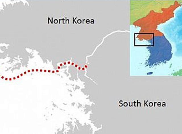 ကိုရီးယား နှစ်နိုင်ငံ ကြားရှိ မြောက်ပိုင်း သတ်မှတ်မျဉ်း (NLL) အား မြေပုံ၌ တွေ့မြင်ရစဉ် (ဓာတ်ပုံ-အင်တာနက်)