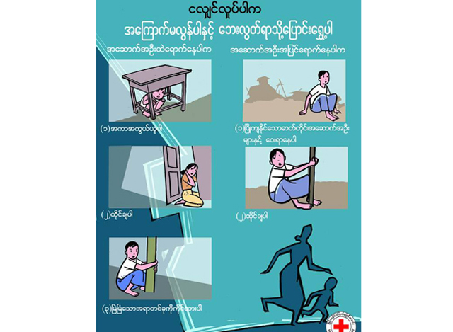ငလျင်ပညာပေး ပိုစတာတစ်ခုအား တွေ့ရစဉ် (ဓာတ်ပုံ- Myanmar Red Cross Society )