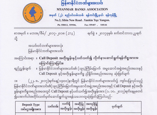 ေခၚယူအပ္ေငြစာရင္း (Call Deposit)ႏွင္႔ပတ္သက္၍ ျမန္မာနုိင္ငံဘဏ္မ်ားအသင္း ၏ ထုတ္ျပန္ခ်က္အားေတြ႔ရစဥ္ (ဓာတ္ပံု-- Myanmar Banks Associations)