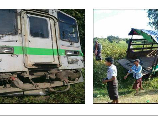 ရထား ႏွင္႔ကား တိုက္မိမႈ မွတ္တမ္းဓာတ္ပံုအားေတြ႔ရစဥ္ (ဓာတ္ပံု--ျပည္ထဲေရးဝန္ႀကီးဌာန)