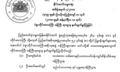 ပဲခူးတုိင္းေဒသႀကီး ၀န္ႀကီး ႏွစ္ဦးအား ရာထူးမွ ႏုတ္ထြက္ခြင့္ျပဳေသာ အမိန္ ့ေၾကညာခ်က္အား ေတြ ့ရစဥ္(ဓာတ္ပုံ-Myanmar President Office)