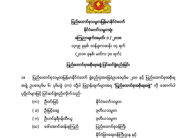 ျပည္ေထာင္စုအစိုးရအဖဲြ႔ ျပင္ဆင္ဖဲြ႔စည္းျခင္း ေၾကညာခ်က္အား ေတြ႔ရစဥ္(ဓာတ္ပံု- ႏိုင္ငံေတာ္ သမၼတရံုး)