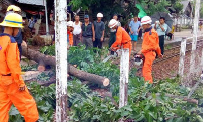 စမ္းေခ်ာင္းၿမိဳ႕နယ္တြင္း ေလျပင္းတိုက္ခိုက္မႈေၾကာင့္ ၿပိဳက်ခဲ့ေသာ သစ္ပင္မ်ားအား ရွင္းလင္းစဥ္(ဓာတ္ပံု- မီးသတ္ဦးစီးဌာန)