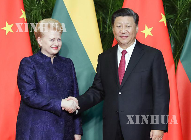 တရုတ္ႏုိင္ငံ သမၼတ ရွီက်င့္ဖိန္ (ယာ)ႏွင့္ လစ္သူေယးနီးယားႏိုင္ငံသမၼတ Dalia Grybauskaite (Dmitry Medvedev) (ဝဲ) တုိ႔ ရွန္ဟိုင္းၿမိဳ႕၌ ႏိုဝင္ဘာ ၅ ရက္ကေတြ႕ဆံုစဥ္ (ဆင္ဟြာ)
