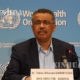 ကမ္ဘာ့ကျန်းမာရေးအဖွဲ့ ညွှန်ကြားရေးမှူးချုပ် တက်ဒရော့စ် အက်ဒမ်နွမ် ဂယ်ဘရက်စ်စက်အား ဇန်နဝါရီလ ၂၃ ရက်တွင် ပြုလုပ်သော သတင်းစာရှင်းလင်းပွဲ၌ တွေ့ရစဉ် (ဆင်ဟွာ)