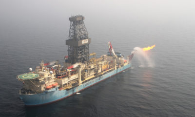 မြန်မာ့ ကမ်းလွန် လုပ်ကွက် A-3 တွင် ဓာတ်ငွေ့တူးဖော်ရေး သင်္ဘော (Drill-Ship) Maersk Viking အား တွေ့ရစဉ်(ဓာတ်ပုံ - Ministry of Electricity and Energy,Myanmar)
