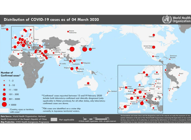 ကမ္ဘာ့ကျန်းမာရေးအဖွဲ့(WHO)၏မတ်၄ ရက်တွင် ရရှိသော ကိန်းဂဏန်းများအရ တစ်ကမ္ဘာလုံးတွင် COVID-19 ရောဂါ ဖြစ်ပွားမှုအခြေအနေပြပုံအား တွေ့ရစဉ် (ဓါတ်ပုံ- WHO)