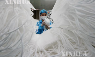 တရုတ်နိုင်ငံ မြောက်ပိုင်း ဟူပေပြည်နယ်ရှိ ဆေးဘက်ဆိုင်ရာ နှာခေါင်းစည်း ထုတ်လုပ်ရေး အလုပ်ရုံ တစ်ရုံ၌ နှာခေါင်းစည်းများအား ရေတွက်နေသည့် အလုပ်သမား တစ်ဦးအား တွေ့ရစဉ်(ဆင်ဟွာ)
