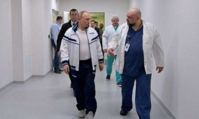 ရုရှားနိုင်ငံ သမ္မတ ဗလာဒီမာပူတင်နှင့် ဒေါက်တာ ဒင်းနစ်ပရိုဆန်ကိုတို့အား ကိုရိုနာဗိုင်းရပ်စ်ကုသရေးဆေးရုံတွင် မတ် ၂၄ ရက်က တွေ့ရစဉ် (ဓာတ်ပုံ-ကရင်မလင်နန်းတော်)