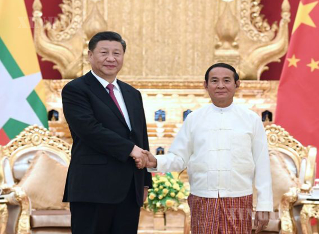 တရုတ်နိုင်ငံသမ္မတ ရှီကျင့်ဖိန် နှင့် မြန်မာနိုင်ငံသမ္မတဦးဝင်းမြင့်တို့ ၂၀၂၀ ပြည့်နှစ် ဇန်နဝါရီ ၁၇ ရက်က နေပြည်တော်၌ တွေ့ဆုံစဉ်(ဆင်ဟွာ)