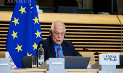 အီးယူ နိုင်ငံခြားဆက်ဆံရေးနှင့် လုံခြုံရေးမူဝါဒဆိုင်ရာ အဆင့်မြင့်ကိုယ်စားလှယ် Josep Borrell အား တရုတ်-အီးယူ အဆင့်မြင့်မဟာဗျူဟာမြောက်ဆွေးနွေးပွဲ တက်ရောက်နေသည်ကို တွေ့ရစဉ် (ဆင်ဟွာ)