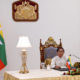 နိုင်ငံတော်သမ္မတ ဦးဝင်းမြင့် နေပြည်တော်ရှိ နိုင်ငံတော်သမ္မတအိမ်တော်မှ အစည်းအဝေး ပါဝင်တက်ရောက်စဉ်(ဓာတ်ပုံ - Myanmar President Office)
