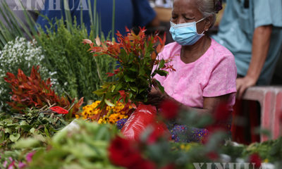 ရန်ကုန်မြို့၌ နှာခေါင်းစည်းတပ်ဆင်၍ ဈေးရောင်းနေသူတစ်ဦးအားတွေ့ရစဉ်(ဆင်ဟွာ)