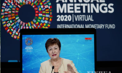 နိုင်ငံတကာငွေကြေးရန်ပုံငွေအဖွဲ့ (IMF) ၏ မန်နေဂျင်းဒါရိုက်တာ Kristalina Georgieva ကို ကမ္ဘာ့ဘဏ်နှင့် IMF တို့၏ နှစ်ပတ်လည်အစည်းအဝေးအတွက် အွန်လိုင်းသတင်းစာရှင်းလင်းပွဲ၌ တွေ့ရစဉ် (ဆင်ဟွာ)