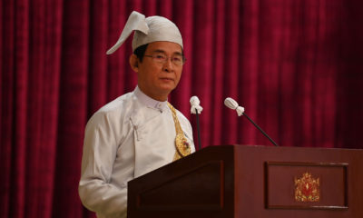 နိုင်ငံတော် သမ္မတ ဦးဝင်းမြင့်အား ဇန်နဝါရီ ၅ ရက်က ပြုလုပ်သော အခမ်းအနားတစ်ခုတွင် မိန့်ခွန်း ပြောကြားနေသည်ကို တွေ့ရစဉ်(ဓာတ်ပုံ - Myanmar President Office )