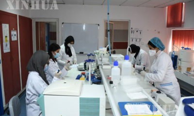 မော်ရိုကိုနိုင်ငံ ရာဘတ်မြို့ရှိ ဓာတ်ခွဲခန်းတစ်ခုတွင် စမ်းသပ်ကိရိယာများ အသုံးပြုကာ COVID-19 ဗိုင်းရပ်စ်ရှာဖွေနေသော ကျန်းမာရေးဝန်ထမ်းများအား တွေ့ရစဉ် (ဆင်ဟွာ)